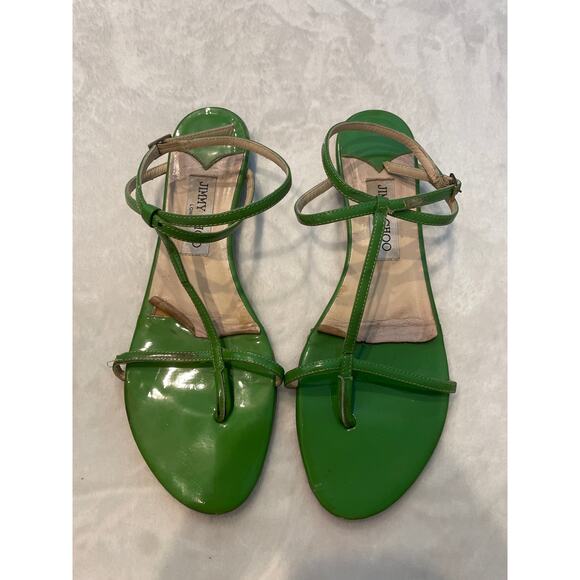 JIMMY CHOO Fiona Strappy Sandals Green Leather 39 9 Flat Minimalist T-Strap $699 - Picture 1 of 5